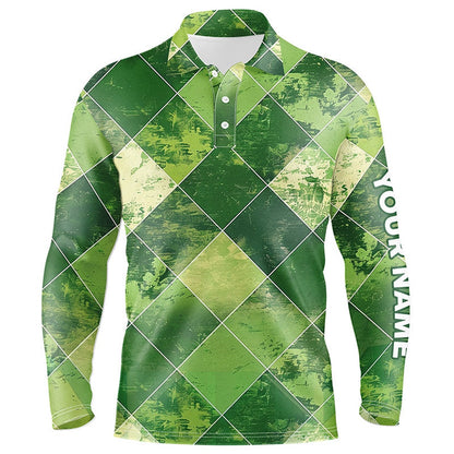 Golf Polo shirts, Green Argyle Plaid Pattern Mens Golf Polo Shirts Custom Mens Golf Apparel, Green Golf Tops