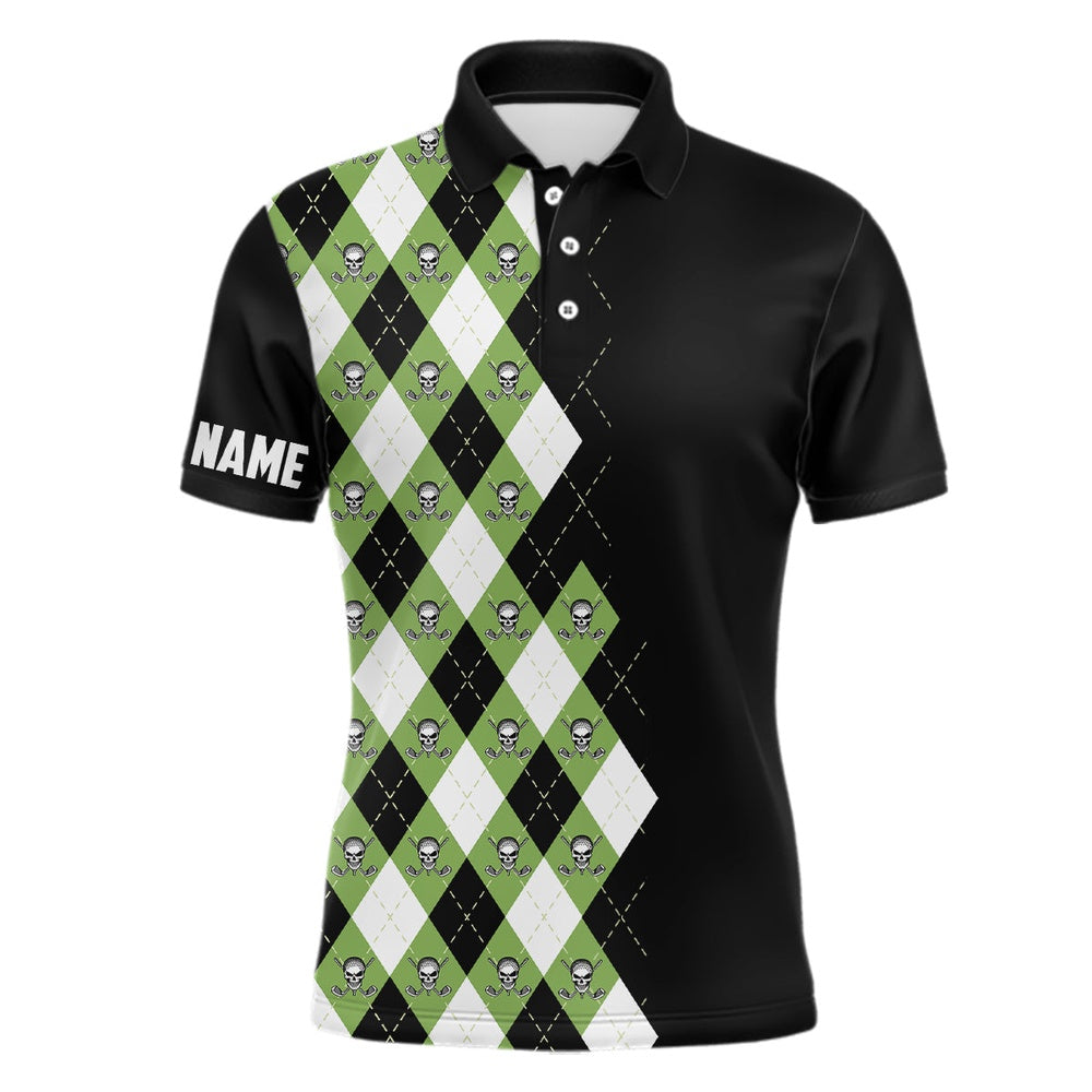 Golf Polo shirts, Green Argyle Plaid Skull Pattern Custom Black Mens Golf Polo Shirt, Golf Tops For Men Golfing Gifts