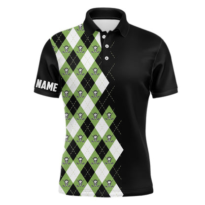Golf Polo shirts, Green Argyle Plaid Skull Pattern Custom Black Mens Golf Polo Shirt, Golf Tops For Men Golfing Gifts
