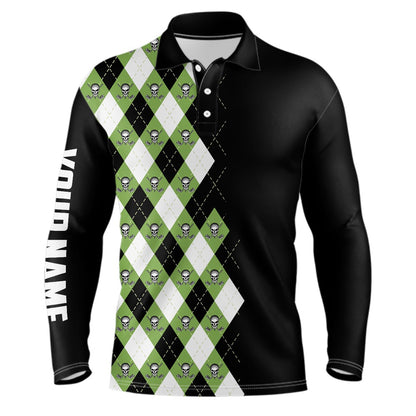 Golf Polo shirts, Green Argyle Plaid Skull Pattern Custom Black Mens Golf Polo Shirt, Golf Tops For Men Golfing Gifts