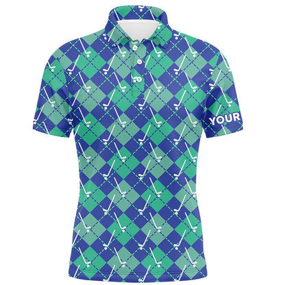 Golf Polo shirts, Green Blue Argyle Plaid Pattern Golf Clubs Custom Mens Golf Polo Shirt, Golf Tops For Men Golfing Gift