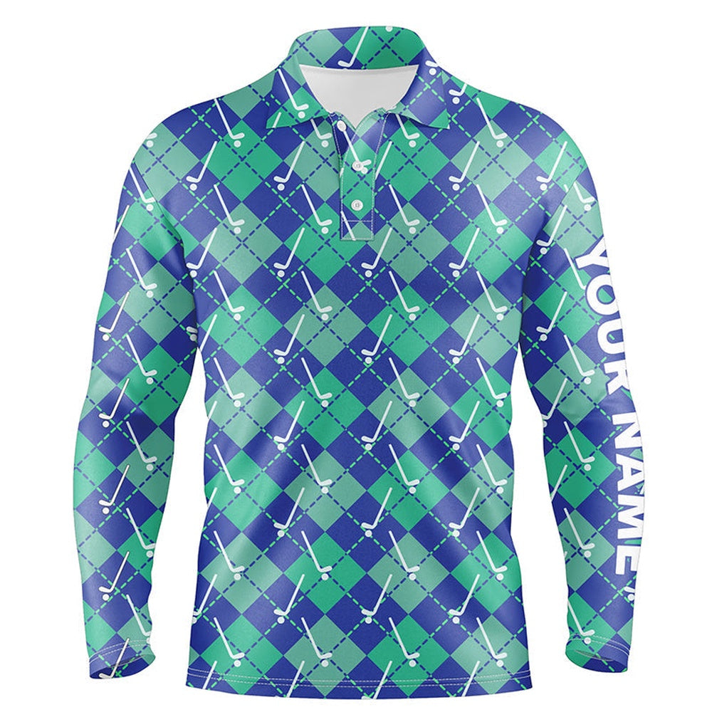 Golf Polo shirts, Green Blue Argyle Plaid Pattern Golf Clubs Custom Mens Golf Polo Shirt, Golf Tops For Men Golfing Gift