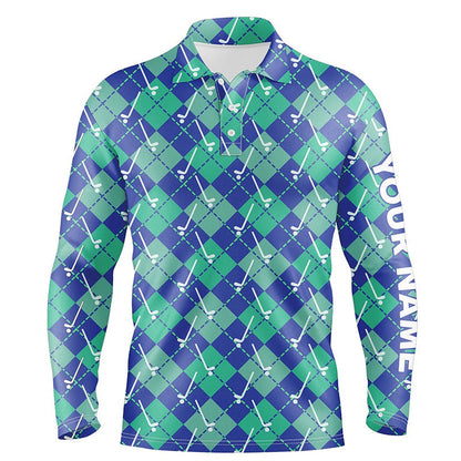 Golf Polo shirts, Green Blue Argyle Plaid Pattern Golf Clubs Custom Mens Golf Polo Shirt, Golf Tops For Men Golfing Gift