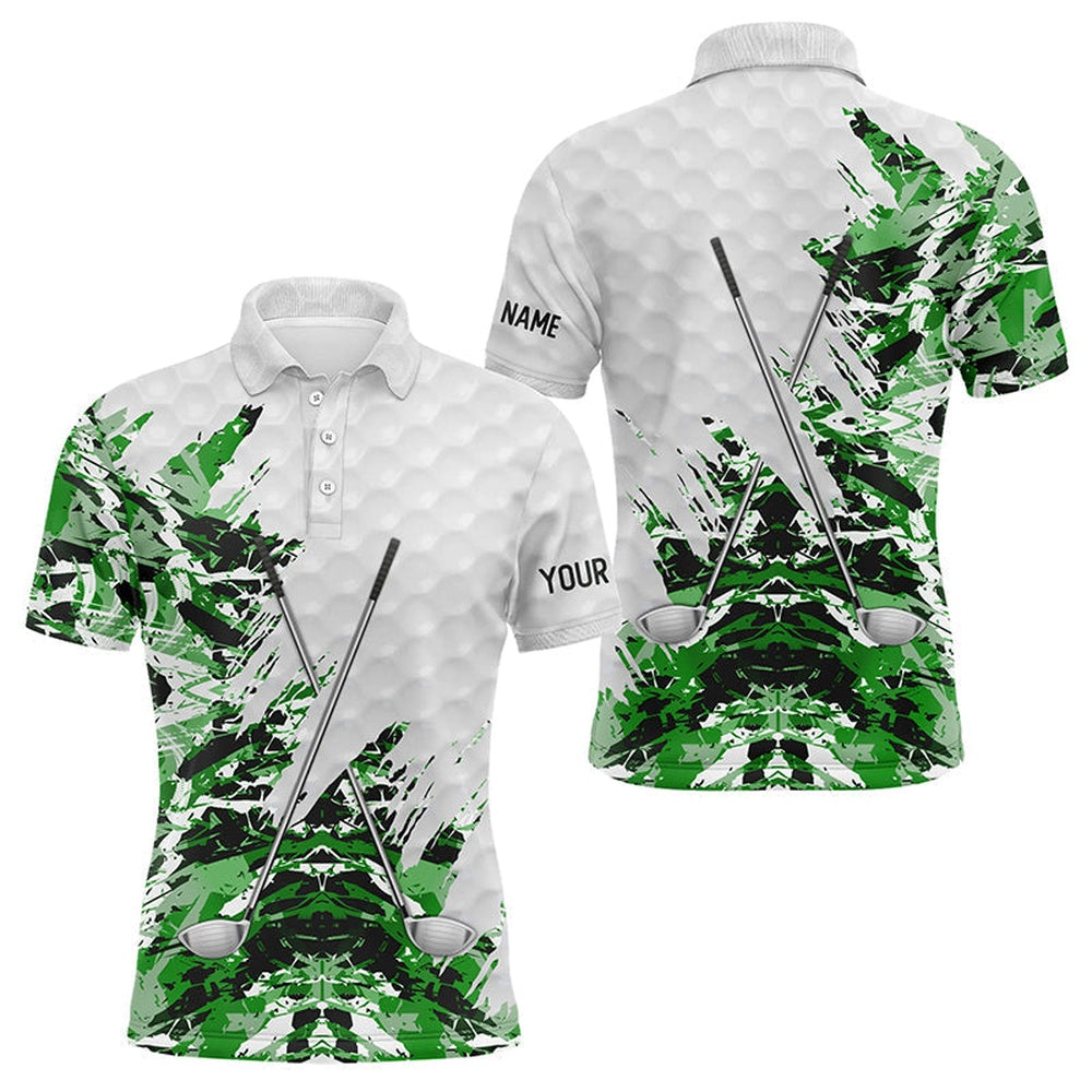 Golf Polo shirts, Green Camo Pattern Custom Name White Mens Golf Polo Shirts, Team Golf Tops For Men