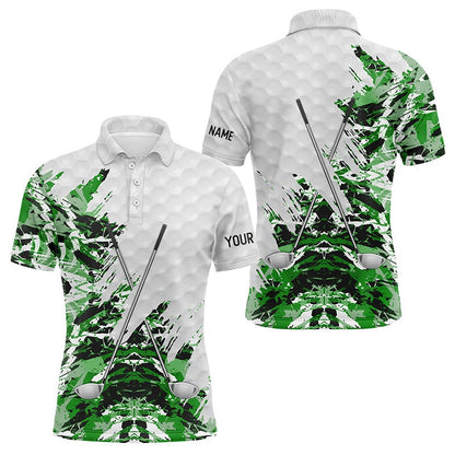 Golf Polo shirts, Green Camo Pattern Custom Name White Mens Golf Polo Shirts, Team Golf Tops For Men