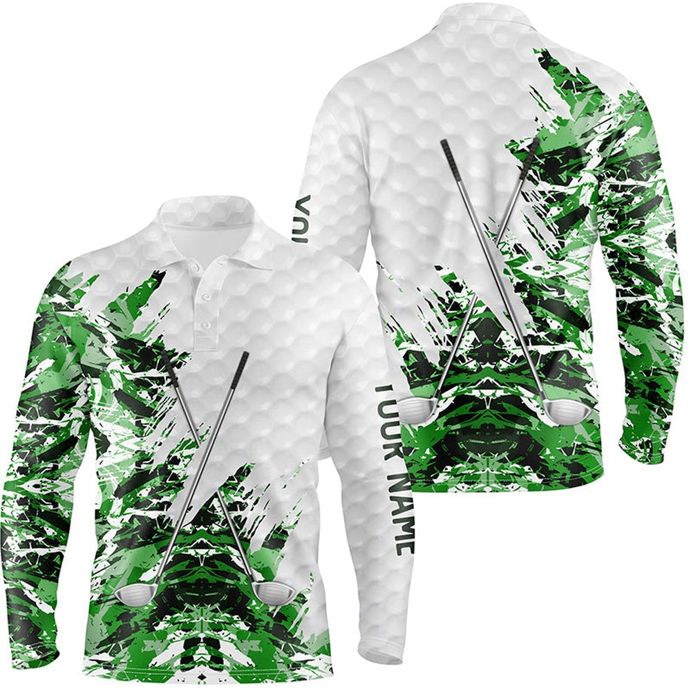 Golf Polo shirts, Green Camo Pattern Custom Name White Mens Golf Polo Shirts, Team Golf Tops For Men