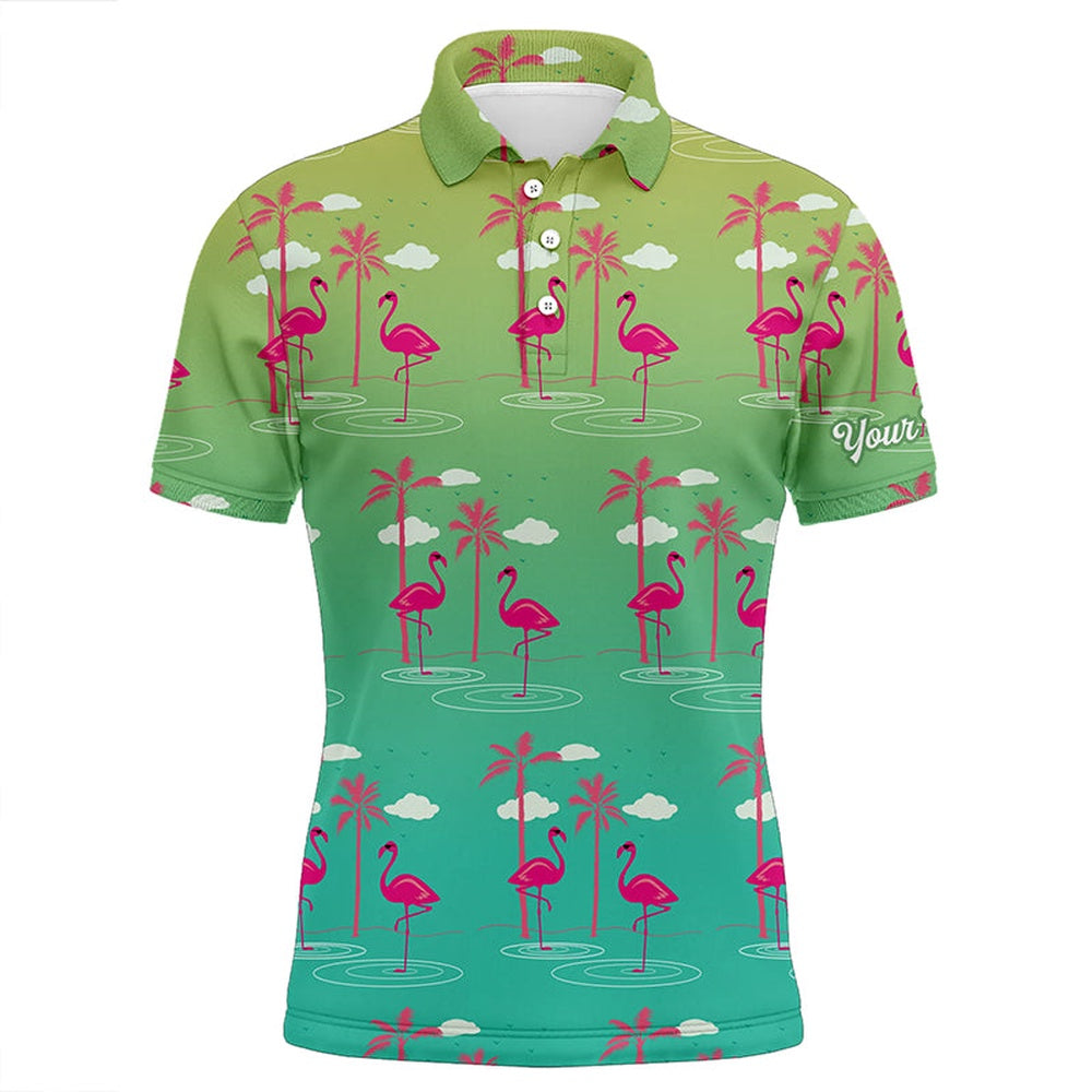 Golf Polo shirts, Green Gradient Tropical Pattern With Pink Flamingos Custom Mens Golf Polo Shirt