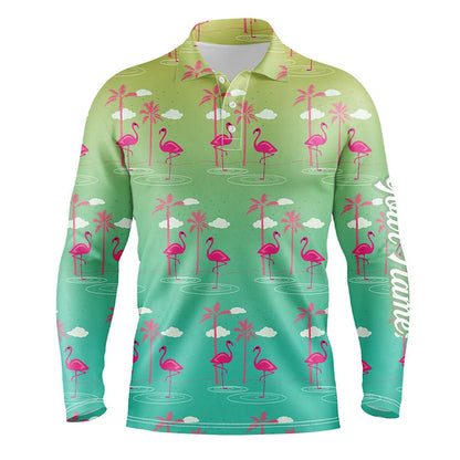 Golf Polo shirts, Green Gradient Tropical Pattern With Pink Flamingos Custom Mens Golf Polo Shirt