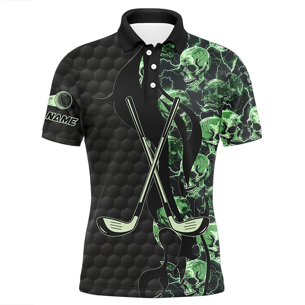 Golf Polo shirts, Green Lightning Skull Black Golf Pattern Custom Mens Golf Polo Shirts, Golf Clubs Team Polo Shirts