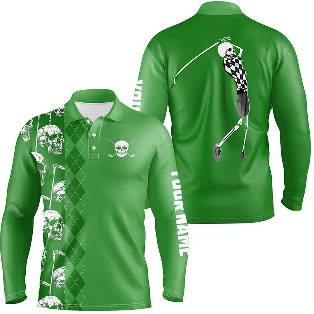 Golf Polo shirts, Green Skull Argyle Pattern Custom Mens Golf Polo Shirts, Best Men'S Golf Wear