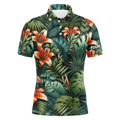 Golf Polo shirts, Green Tropical Flower Pattern Mens Golf Polo Shirts Custom Team Golf Shirts, Golf Tops For Men