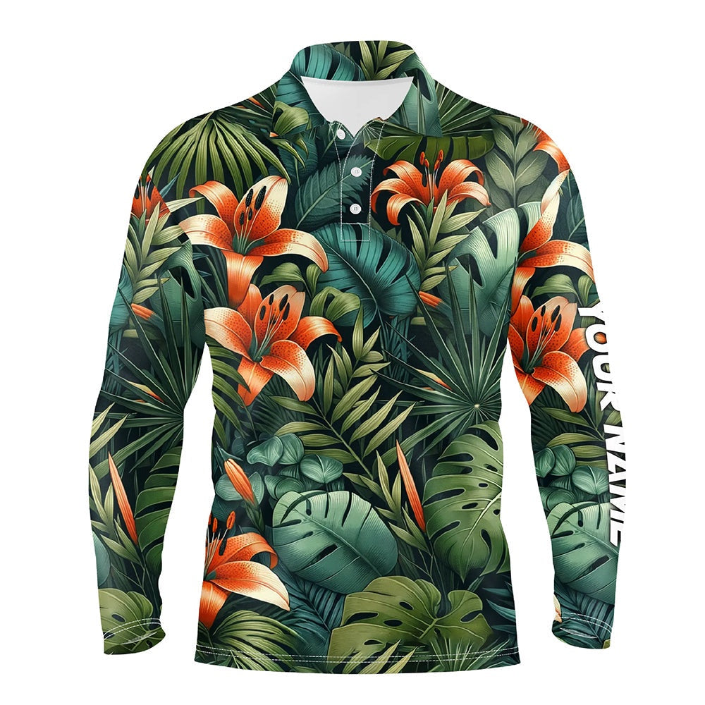 Golf Polo shirts, Green Tropical Flower Pattern Mens Golf Polo Shirts Custom Team Golf Shirts, Golf Tops For Men