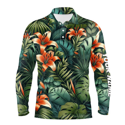 Golf Polo shirts, Green Tropical Flower Pattern Mens Golf Polo Shirts Custom Team Golf Shirts, Golf Tops For Men