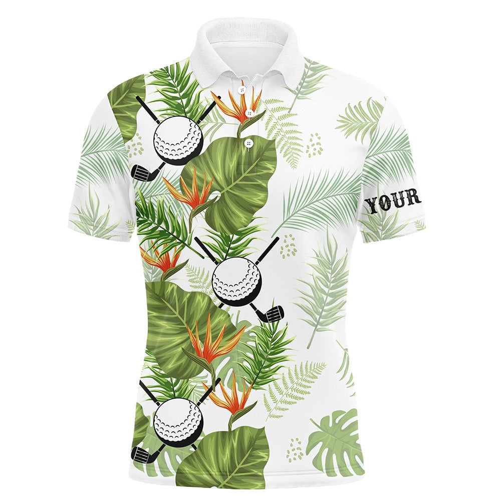 Golf Polo shirts, Green Tropical Leaf Pattern Mens Golf Polo Shirts Custom Golf Ball Clubs Golf Apparel For Men