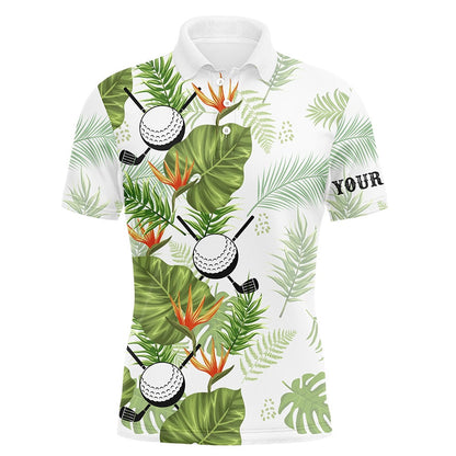 Golf Polo shirts, Green Tropical Leaf Pattern Mens Golf Polo Shirts Custom Golf Ball Clubs Golf Apparel For Men