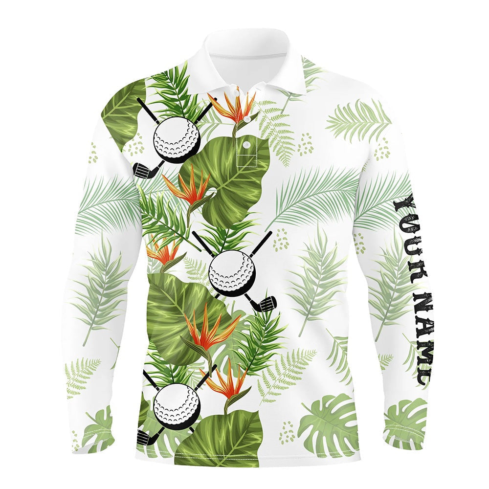 Golf Polo shirts, Green Tropical Leaf Pattern Mens Golf Polo Shirts Custom Golf Ball Clubs Golf Apparel For Men