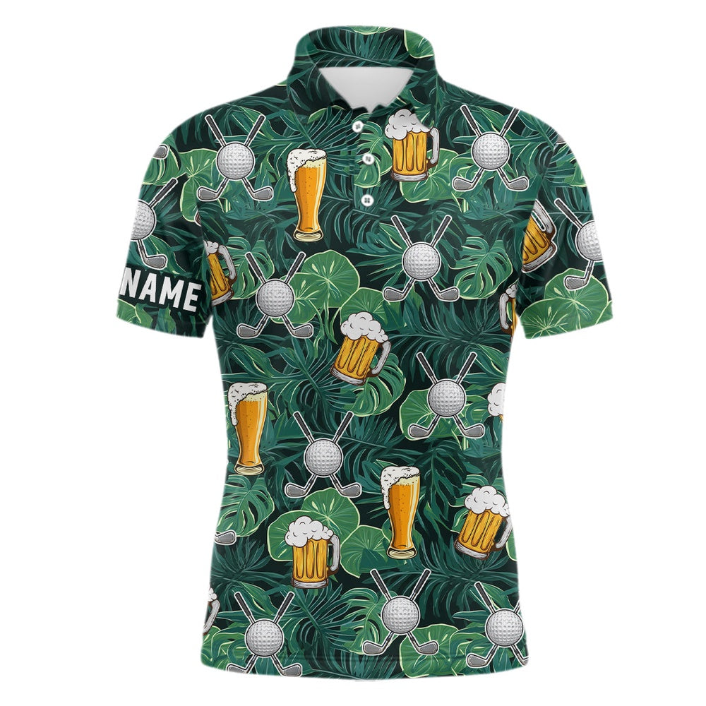 Golf Polo shirts, Green Tropical Leaves Golf Beer Pattern Custom Mens Golf Polo Shirt, Golf Tops For Men