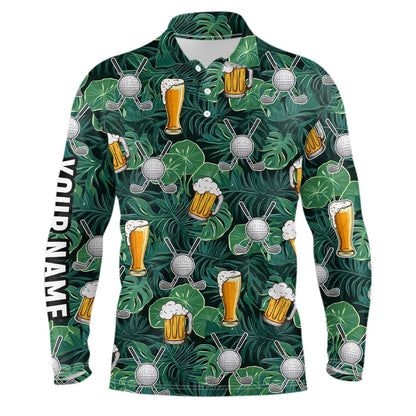 Golf Polo shirts, Green Tropical Leaves Golf Beer Pattern Custom Mens Golf Polo Shirt, Golf Tops For Men