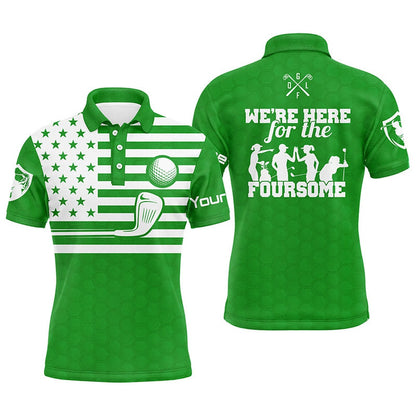 Golf Polo shirts, Green White American Flag Mens Golf Polo Shirts Custom Name We'Re Here For The Foursome Golf Gifts