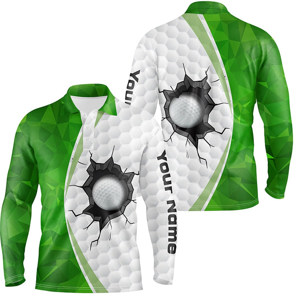 Golf Polo shirts, Green White Golf Ball Pattern Mens Golf Polo Shirts Custom Golf Outfits Men, Green Golf Tops