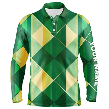 Golf Polo shirts, Green Yellow Argyle Plaid Pattern Mens Golf Polo Shirts Custom Mens Golf Shirts, Green Golf Tops