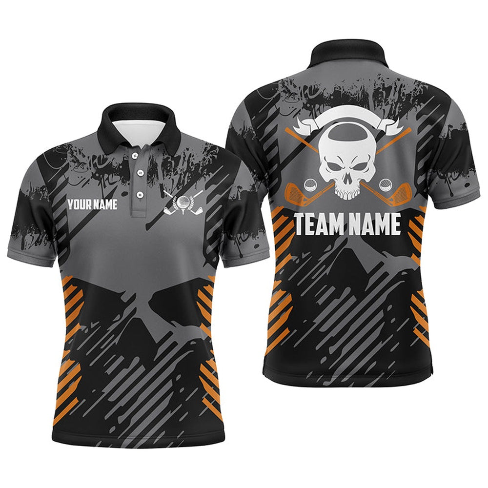 Golf Polo shirts, Grey Grunge Orange Skull Mens Golf Polo Shirts Custom Golf Shirts For Men Scary Golf Gifts