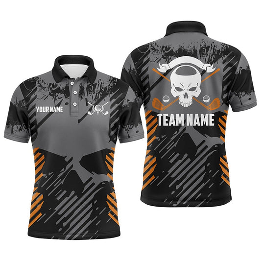 Golf Polo shirts, Grey Grunge Orange Skull Mens Golf Polo Shirts Custom Golf Shirts For Men Scary Golf Gifts