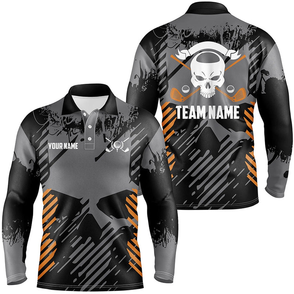 Golf Polo shirts, Grey Grunge Orange Skull Mens Golf Polo Shirts Custom Golf Shirts For Men Scary Golf Gifts