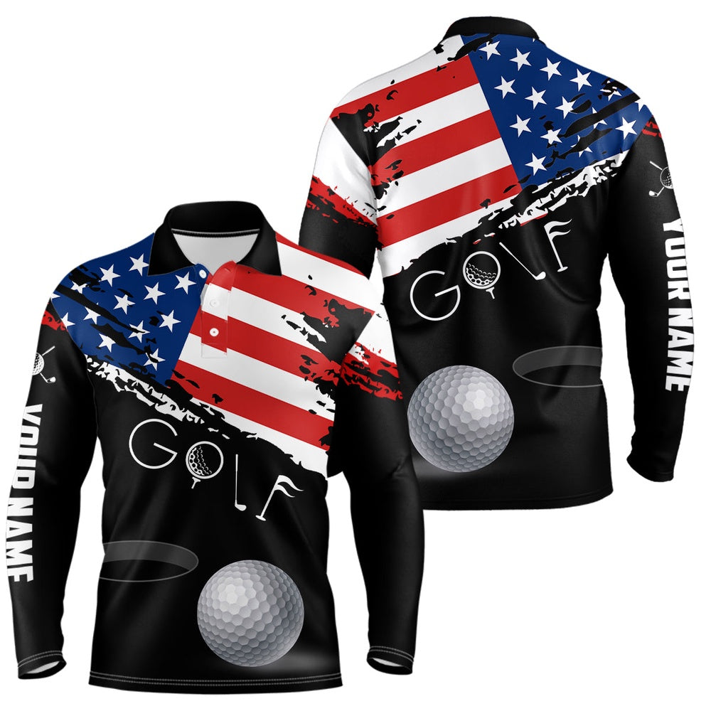 Golf Polo shirts, Grunge American Flag Black Mens Golf Polo Shirt Custom Patriotic Th Of July Golf Shirts