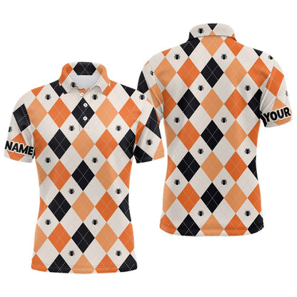 Golf Polo shirts, Halloween Argyle Plaid With Spider Mens Golf Polo Shirts Orange Black Golf Shirts For Men