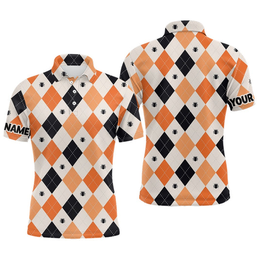 Golf Polo shirts, Halloween Argyle Plaid With Spider Mens Golf Polo Shirts Orange Black Golf Shirts For Men