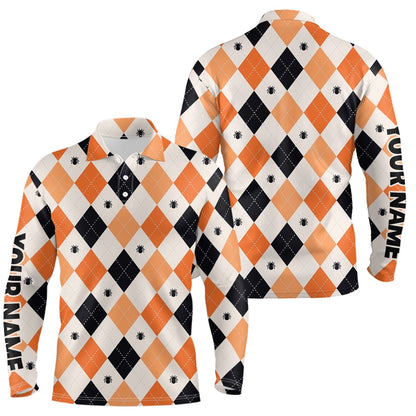 Golf Polo shirts, Halloween Argyle Plaid With Spider Mens Golf Polo Shirts Orange Black Golf Shirts For Men