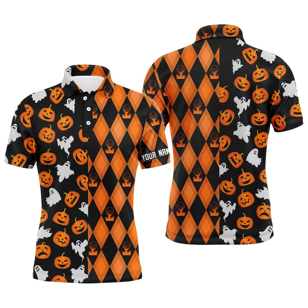 Golf Polo shirts, Halloween Boo Pumpkin Black Orange Argyle Mens Golf Polo Shirts Funny Golf Gifts For Men