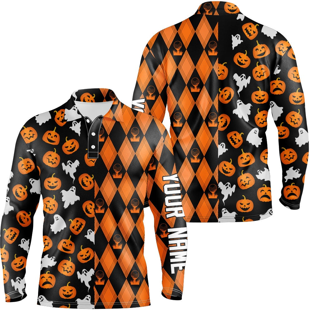 Golf Polo shirts, Halloween Boo Pumpkin Black Orange Argyle Mens Golf Polo Shirts Funny Golf Gifts For Men