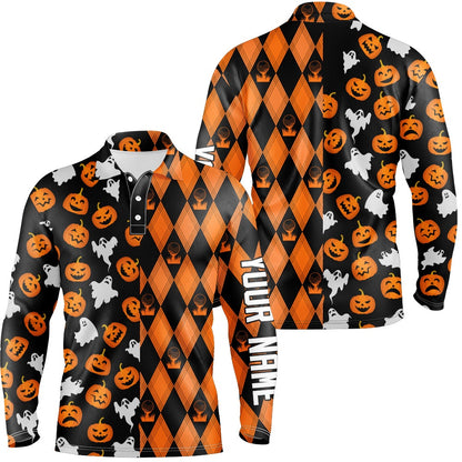 Golf Polo shirts, Halloween Boo Pumpkin Black Orange Argyle Mens Golf Polo Shirts Funny Golf Gifts For Men