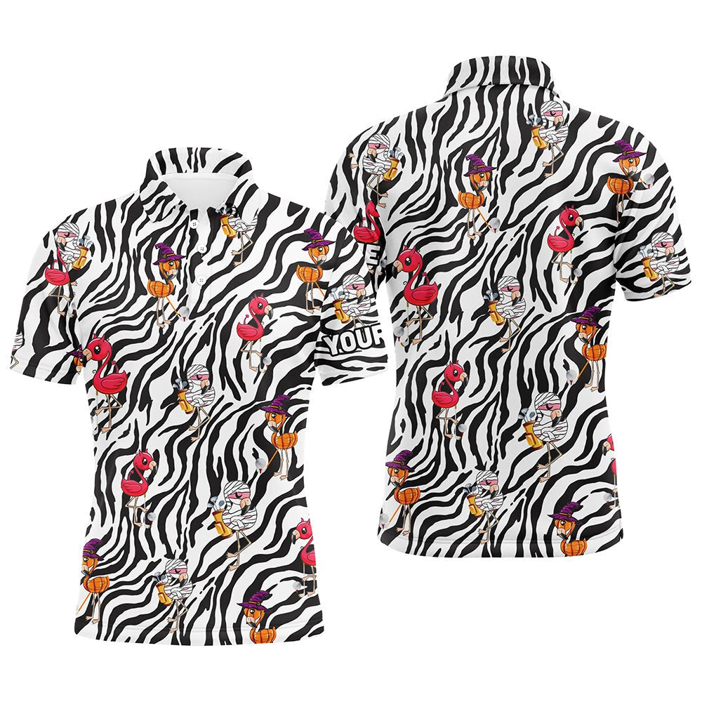 Golf Polo shirts, Halloween Flamingo Mens Golf Polos Shirts Custom Black And White Zebra Pattern Golf Tees For Mens