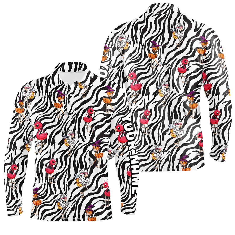 Golf Polo shirts, Halloween Flamingo Mens Golf Polos Shirts Custom Black And White Zebra Pattern Golf Tees For Mens