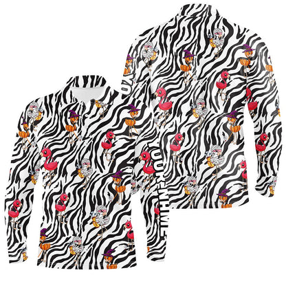 Golf Polo shirts, Halloween Flamingo Mens Golf Polos Shirts Custom Black And White Zebra Pattern Golf Tees For Mens