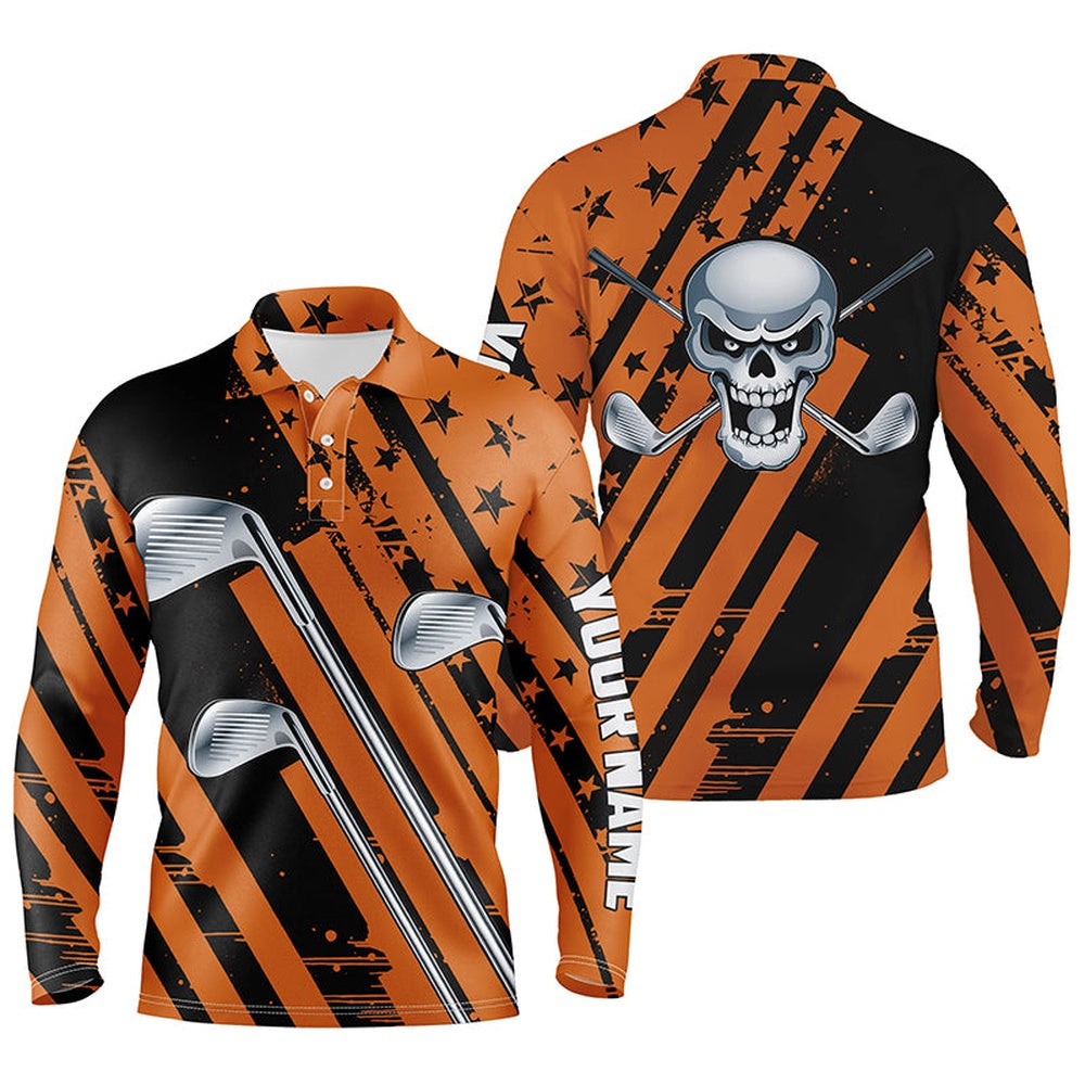 Golf Polo shirts, Halloween Golf Skull Orange And Black Golf Clubs Mens Golf Polo Shirt Custom Team Golf Shirts Mens