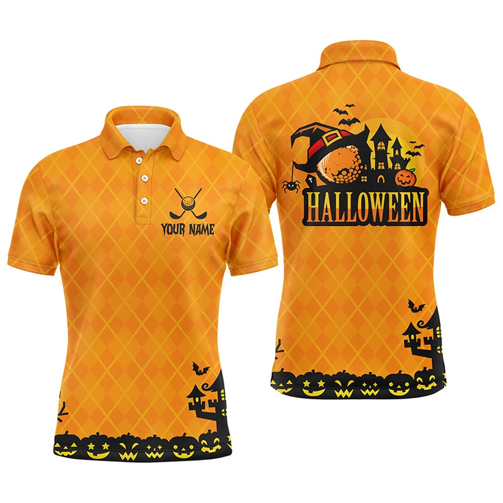 Golf Polo shirts, Halloween Landscape Pumpkin Orange Argyle Mens Golf Polo Shirts Custom Funny Golf Gifts For Men
