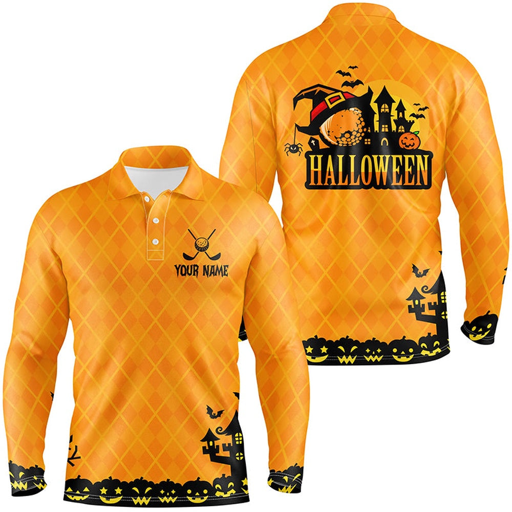Golf Polo shirts, Halloween Landscape Pumpkin Orange Argyle Mens Golf Polo Shirts Custom Funny Golf Gifts For Men