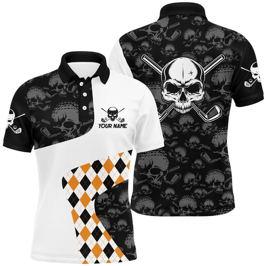 Golf Polo shirts, Halloween Orange Argyle Pattern Mens Golf Polo Shirt Skull Golf Shirts For Men Crazy Golf Gifts