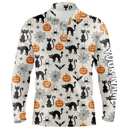 Golf Polo shirts, Halloween Seamless With Cat Spider Pumpkin Mens Golf Polo Shirts Funny Golf Gifts For Men