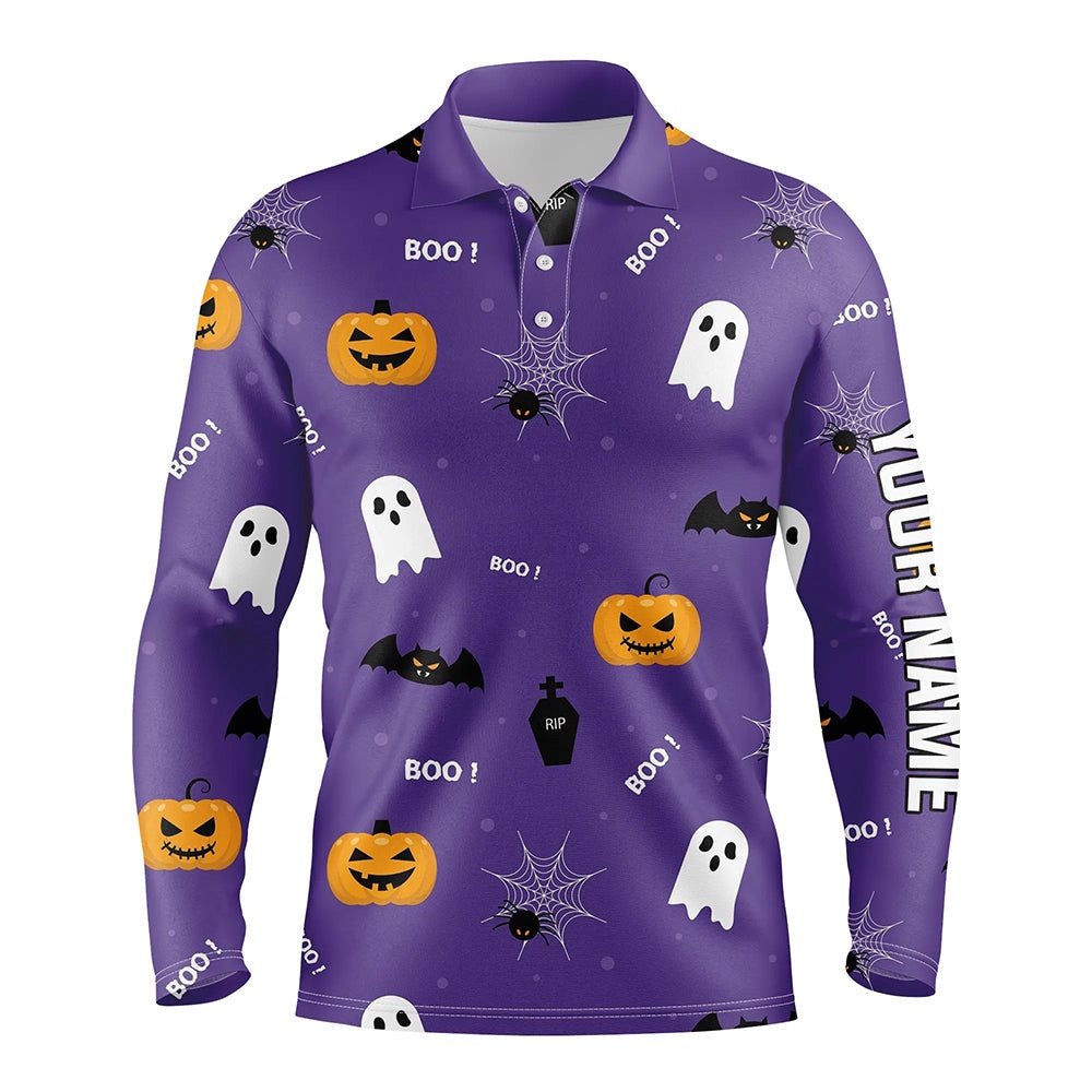Golf Polo shirts, Halloween Seamless With Pumpkin Boo Spider Purple Mens Golf Polo Shirts Funny Golf Tops For Men