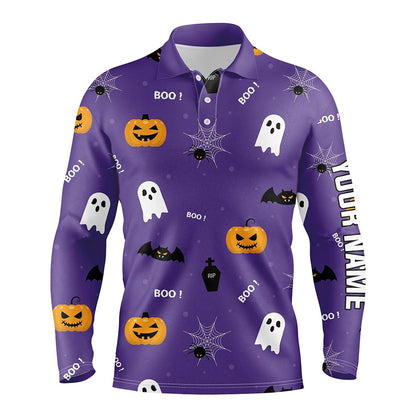 Golf Polo shirts, Halloween Seamless With Pumpkin Boo Spider Purple Mens Golf Polo Shirts Funny Golf Tops For Men