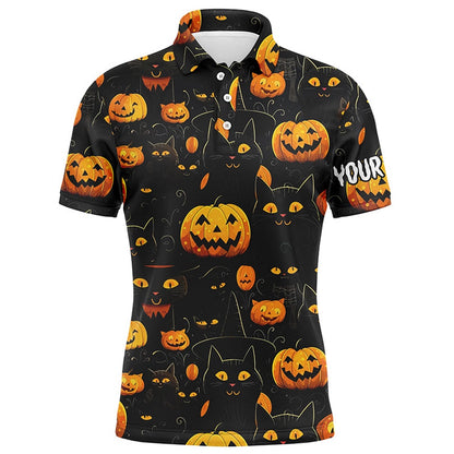 Golf Polo shirts, Halloween Seamless With Pumpkin & Cute Cat Mens Golf Polos Funny Golf Tops For Men Golf Gifts