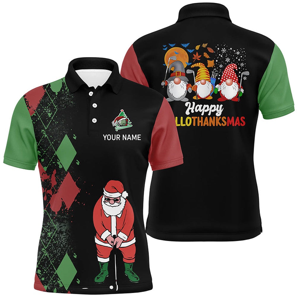 Golf Polo shirts, Happy Hallothanksmas Christmas Argyle Santa Playing Golf Mens Polo Shirt Funny Golf Tops