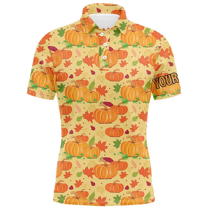 Golf Polo shirts, Happy Thanksgiving Day Mens Golf Polo Shirt Orange Pumpkins Falling Leaves Golf Shirts For Men