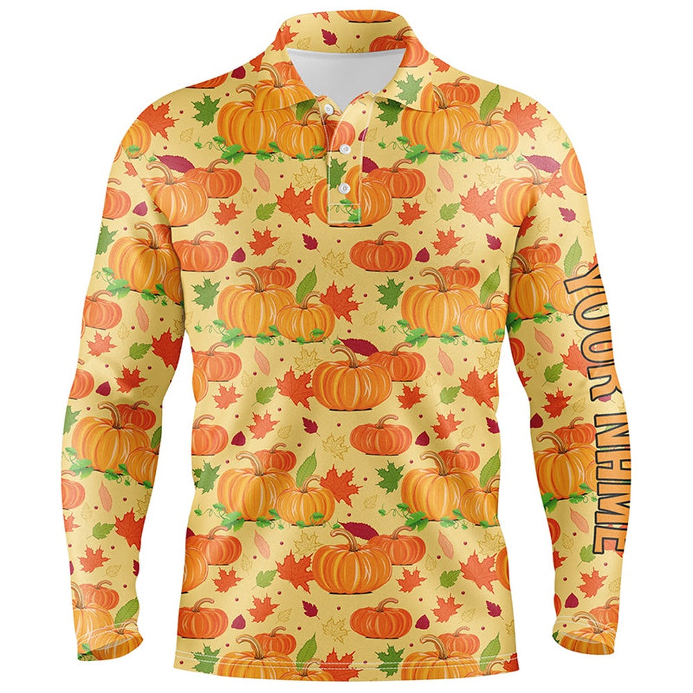 Golf Polo shirts, Happy Thanksgiving Day Mens Golf Polo Shirt Orange Pumpkins Falling Leaves Golf Shirts For Men