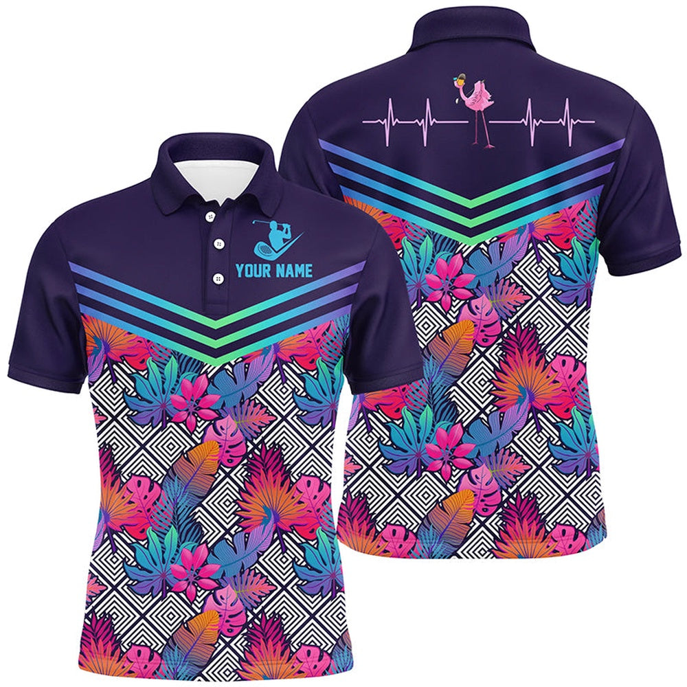 Golf Polo shirts, Heart Beat Flamingo Multicolor Tropical Mens Golf Polo Shirts Custom Golf Shirts For Men